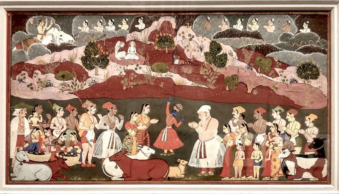 Krishna lifts Govardhana
