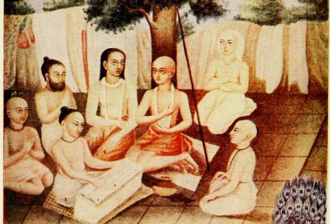 Chaitanya Mahaprabhu listening to the Bhagavata